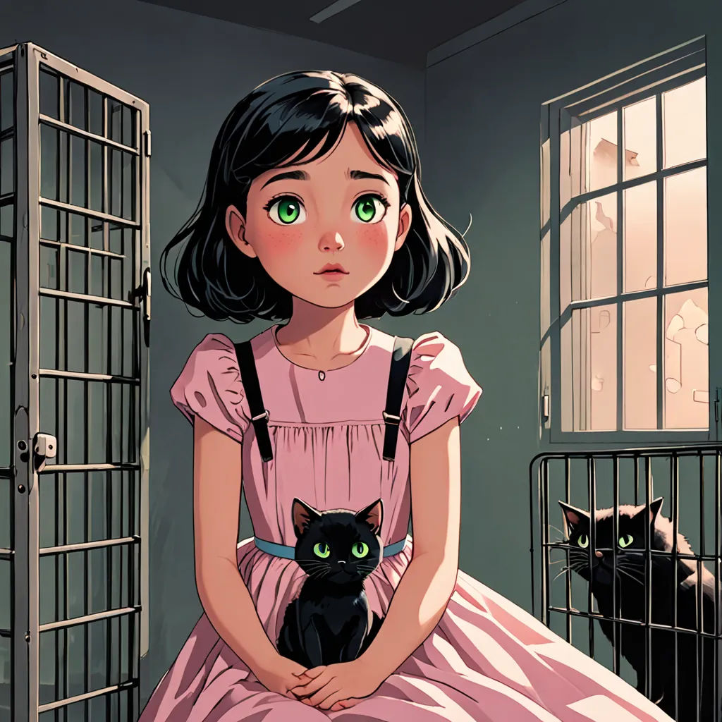 a girl in a pink dress holding a black cat in a caged area with a black cat sitting on her lap, gothic art, a comic book panel, Atey Ghailan, comic cover art