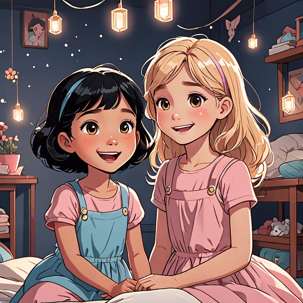 two little girls sitting on a bed in a room with lights above them and a bed with a pillow, space art, a storybook illustration, Artgerm, soft lighting