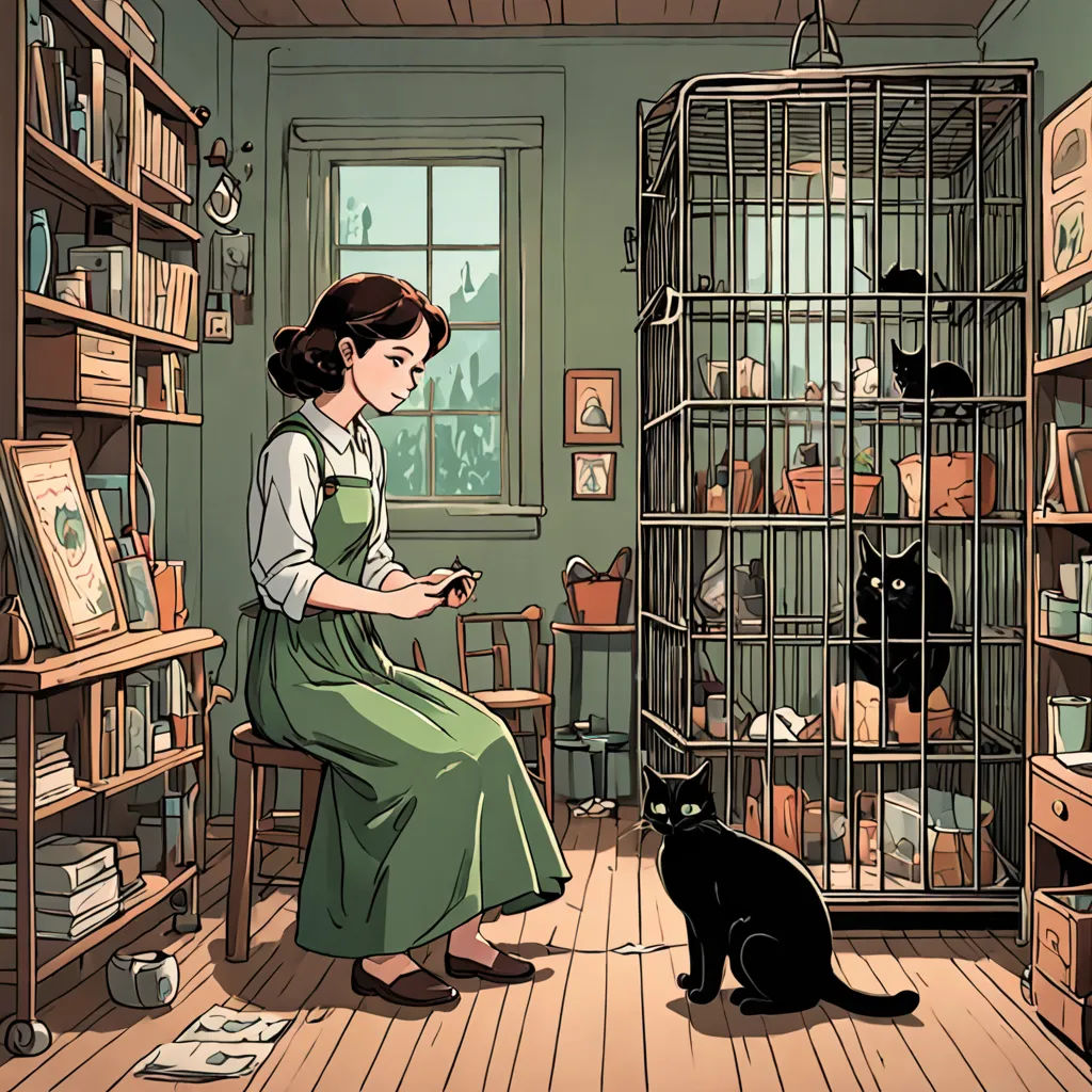 a woman in a room with a cat and a bird cage in it's corner, with a cat sitting on the floor, context art, a comic book panel, Elinor Proby Adams, comic cover art