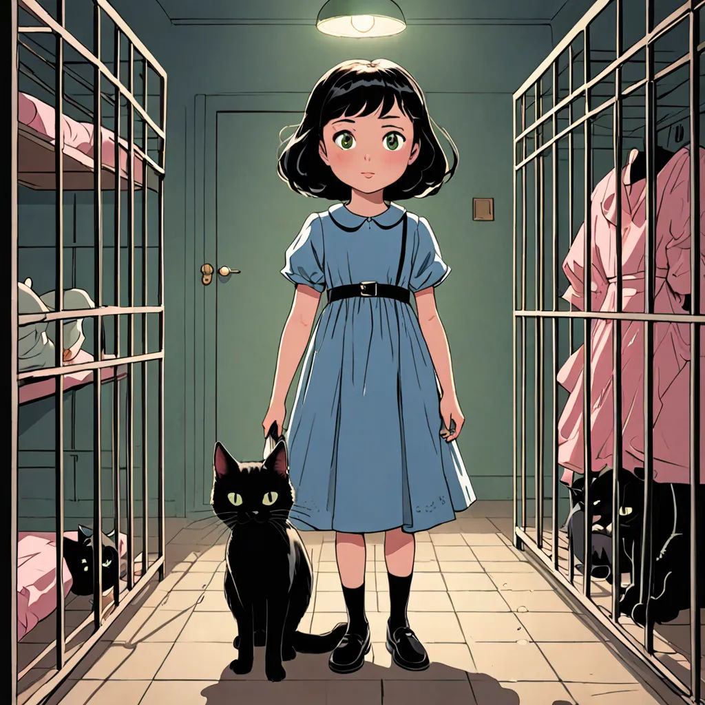 a girl in a blue dress standing in a jail with a black cat in front of her and a black cat sitting on the floor, private press, a comic book panel, Atey Ghailan, color page