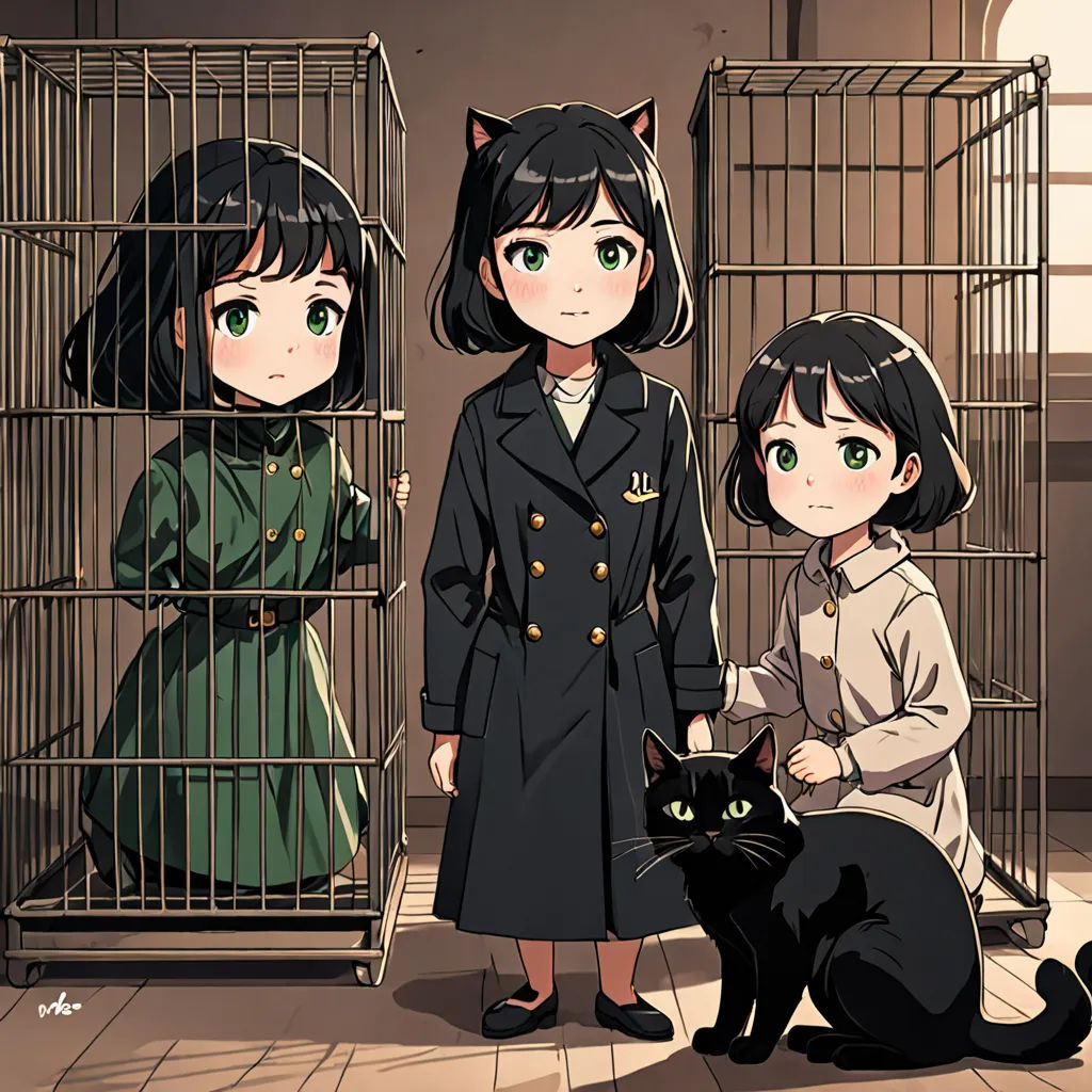 a couple of people standing next to a cat in a cage with a cat on the ground next to them, temporary art, a storybook illustration, Ai-Mitsu, official art