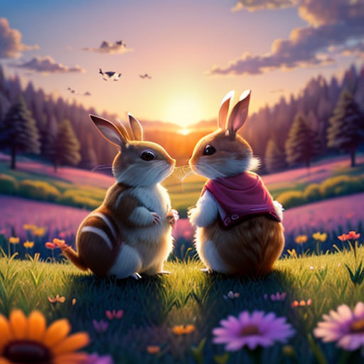 two rabbits sitting in a field of flowers with the sun setting behind them and a butterfly flying over them