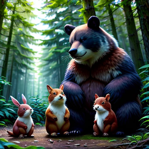 a bear and two rabbits in the woods with trees and grass behind them, and a forest scene with trees and bushes