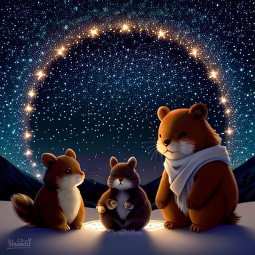a couple of animals that are sitting in the snow together with stars in the background of the sky and a circle of lights
