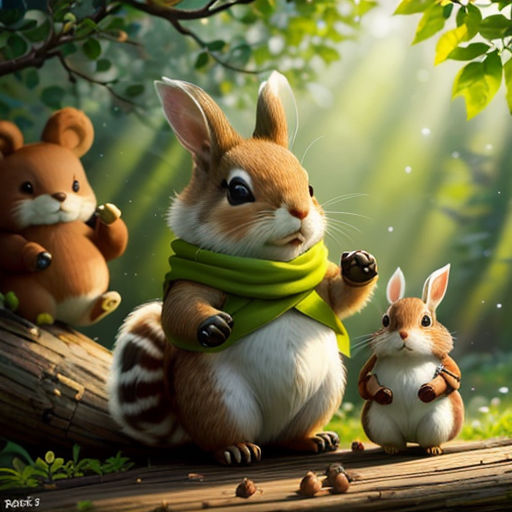 a painting of a rabbit and two other animals in a forest with sunbeams and leaves on the background