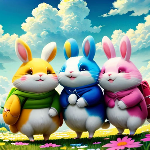 three rabbits are standing in a field with flowers and clouds in the background, and one bunny is wearing a backpack