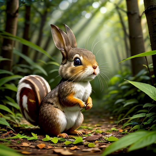 a squirrel is standing in the middle of a forest with leaves on the ground and a light shining on the ground