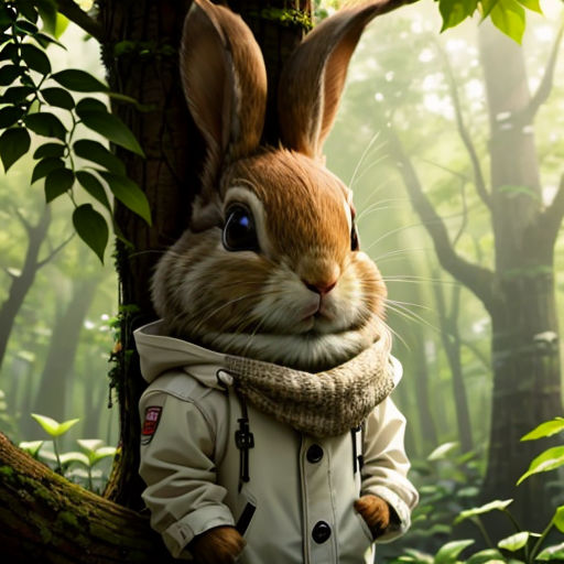 a rabbit is standing in the woods with a scarf around its neck and a jacket on its chest, and a scarf around its neck