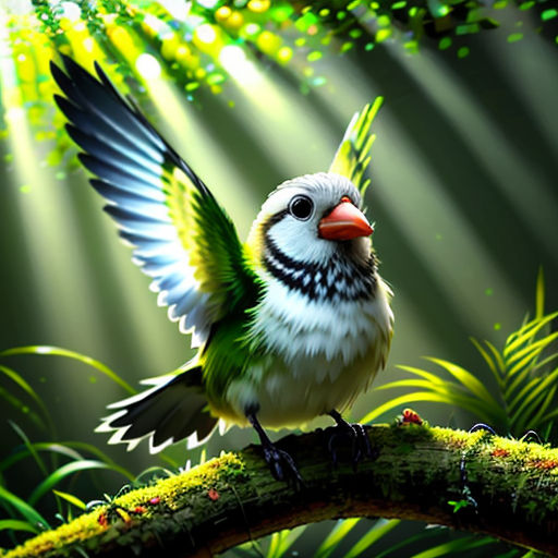 a bird with a red beak is perched on a branch in the jungle with green leaves and sunlight beams