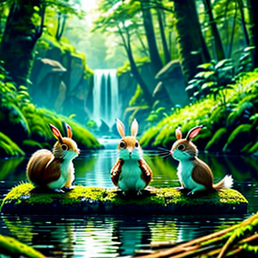 three rabbits sitting on a mossy island in the middle of a forest with a waterfall in the background