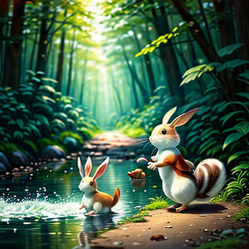 a painting of two rabbits playing in a stream in the woods with a forest background and a stream running through the woods