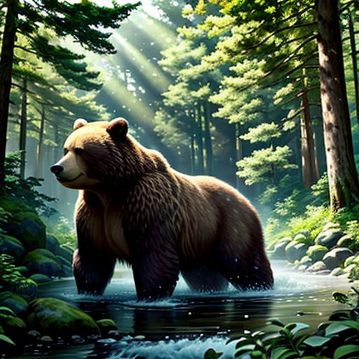 a bear is walking through a stream in the woods with sunbeams and trees in the background,