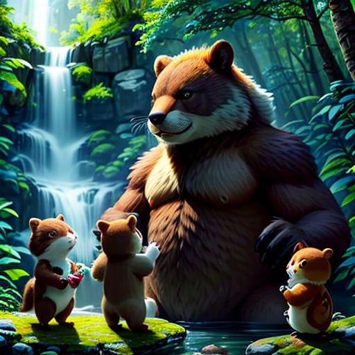 a bear and two cubs are standing in the woods near a waterfall and waterfall with a waterfall in the background