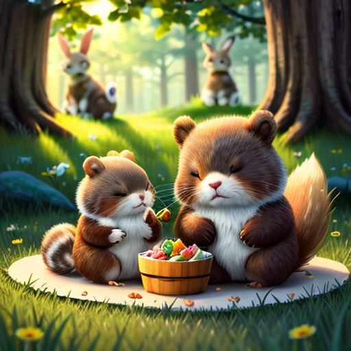 two brown and white animals eating food in a forest area with trees and grass and flowers on the ground