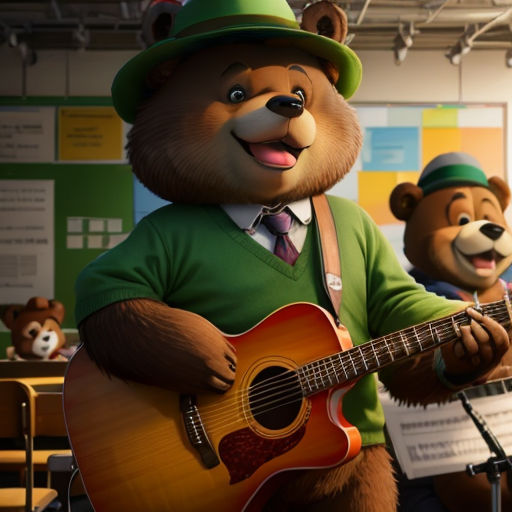 a bear with a guitar and a bear with a hat and a guitar in a classroom with other teddy bears