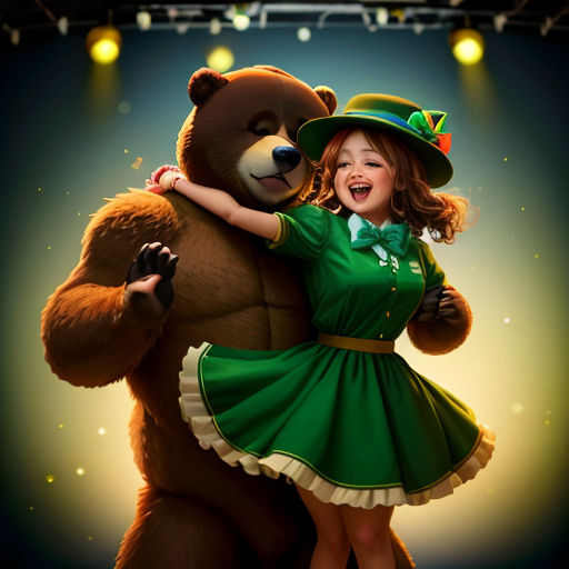a girl in a green dress hugging a large teddy bear in front of a stage backdrop with lights and lights