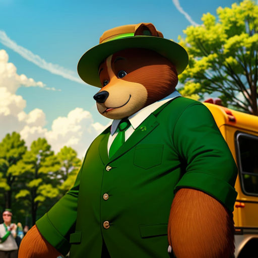 a man in a green suit and hat standing next to a bear in a green suit and tie and a yellow bus