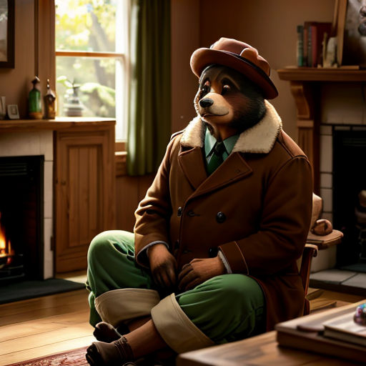 a bear dressed in a suit and hat sitting on a chair in front of a fireplace in a living room