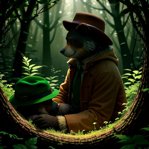 a man and a bear in a forest with a green hat and a green coat on, sitting in a circle