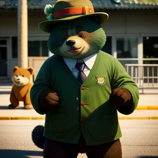 a man in a green bear suit and hat standing in front of a building with a bear statue behind him