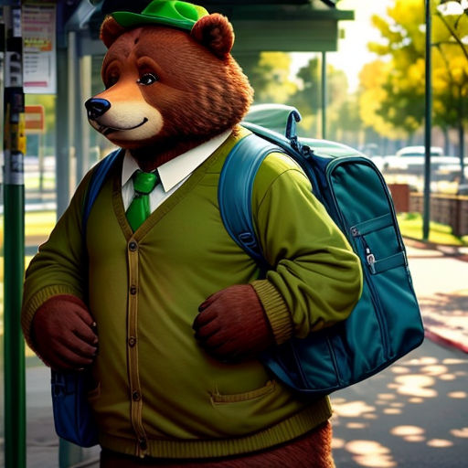 a man in a bear costume is standing on the sidewalk with a backpack on his back and a backpack on his shoulder