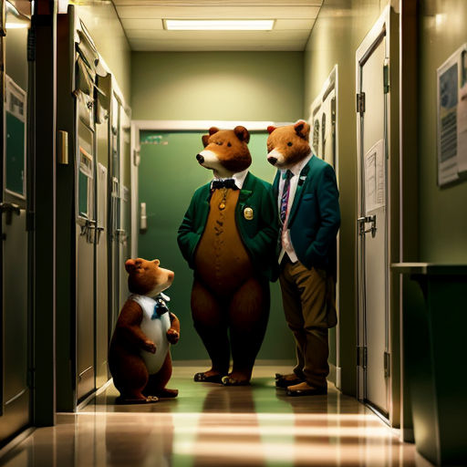 two men in suits stand in a hallway with two bears in suits and ties, one of them is wearing a green jacket