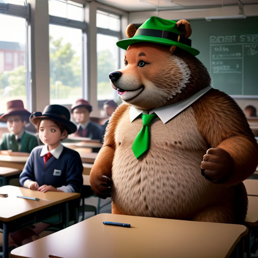 a large bear standing in front of a classroom full of students wearing green hats and ties and standing in front of a desk