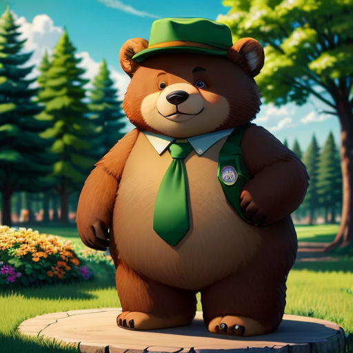 a large brown bear wearing a green tie and a green hat standing on a stump in a park with trees