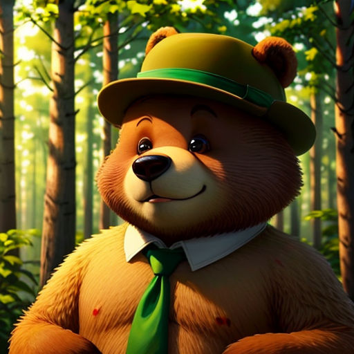 a bear in a green hat and tie standing in a forest with trees and bushes in the background,