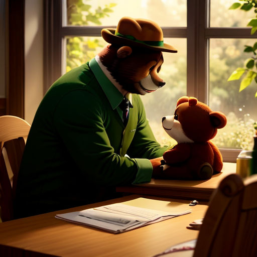 a man in a green suit and hat sitting at a table with a teddy bear and a window behind him