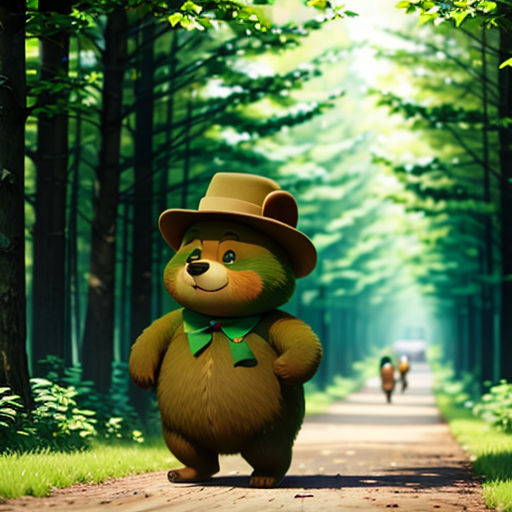 a bear is walking down a path in the woods with a hat on and a green bow tie on