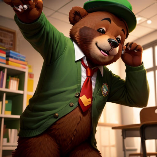 a bear dressed in a green suit and tie standing in a classroom with a desk and bookshelves