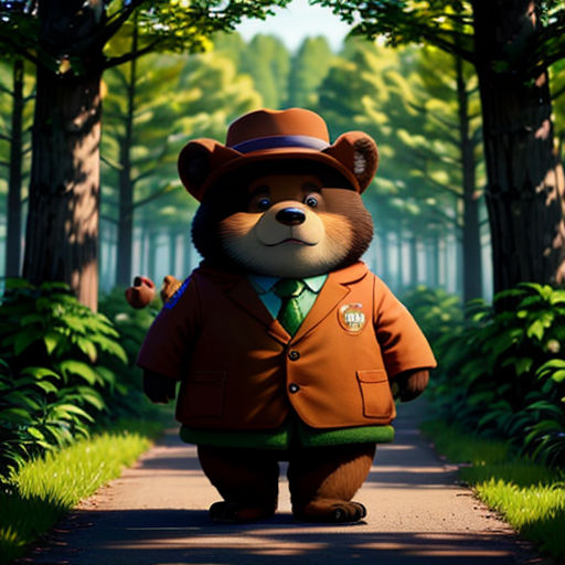 a bear in a suit and hat walking down a road in the woods with trees and bushes behind him