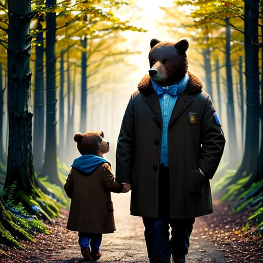 a man and a child walking down a path in the woods holding hands and a bear on the back