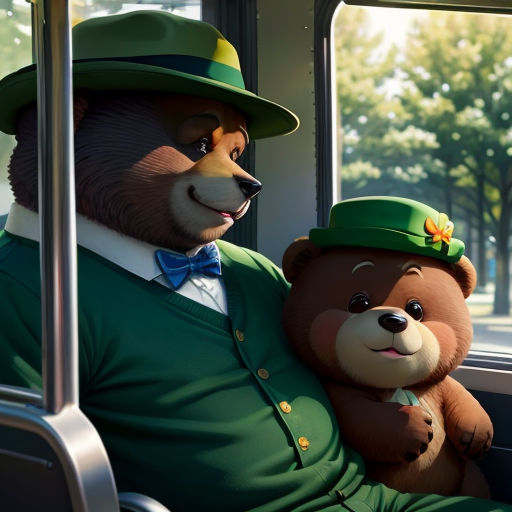 a man in a green outfit and a brown bear in a green hat and green shirt on a bus