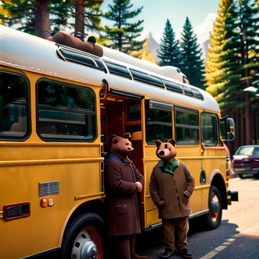 two men standing in front of a yellow bus with a bear on the door and another man in a brown coat