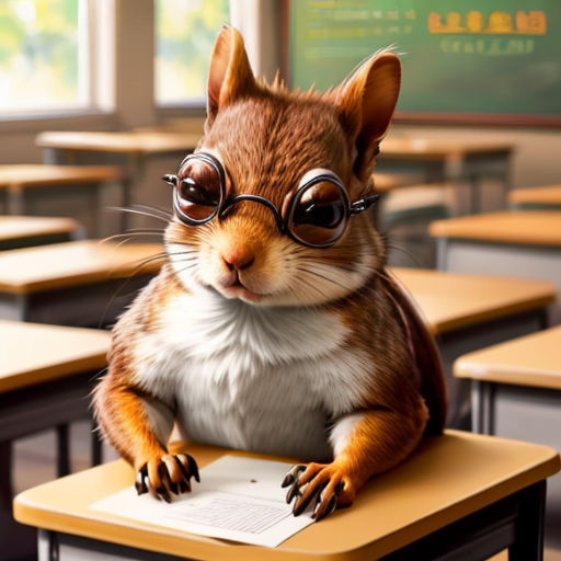 a squirrel wearing glasses sitting on a desk in a classroom with a book in front of him and looking at the camera