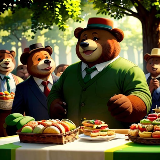 a group of people standing around a table with food on it and bears in the background wearing hats and suits