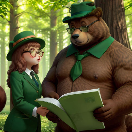 a woman in a green suit and a bear in a forest reading a book together with a man in a green suit