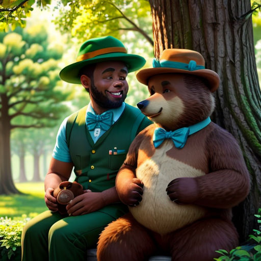 a man in a green suit and hat sitting next to a bear in a forest with trees and grass