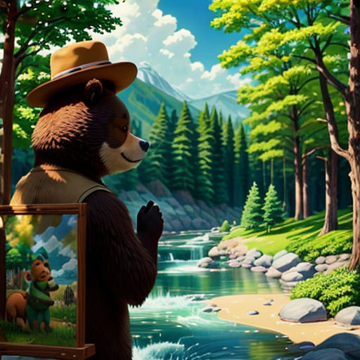 a bear is standing in the woods with a picture frame in his hand and a bear is standing on his hind legs