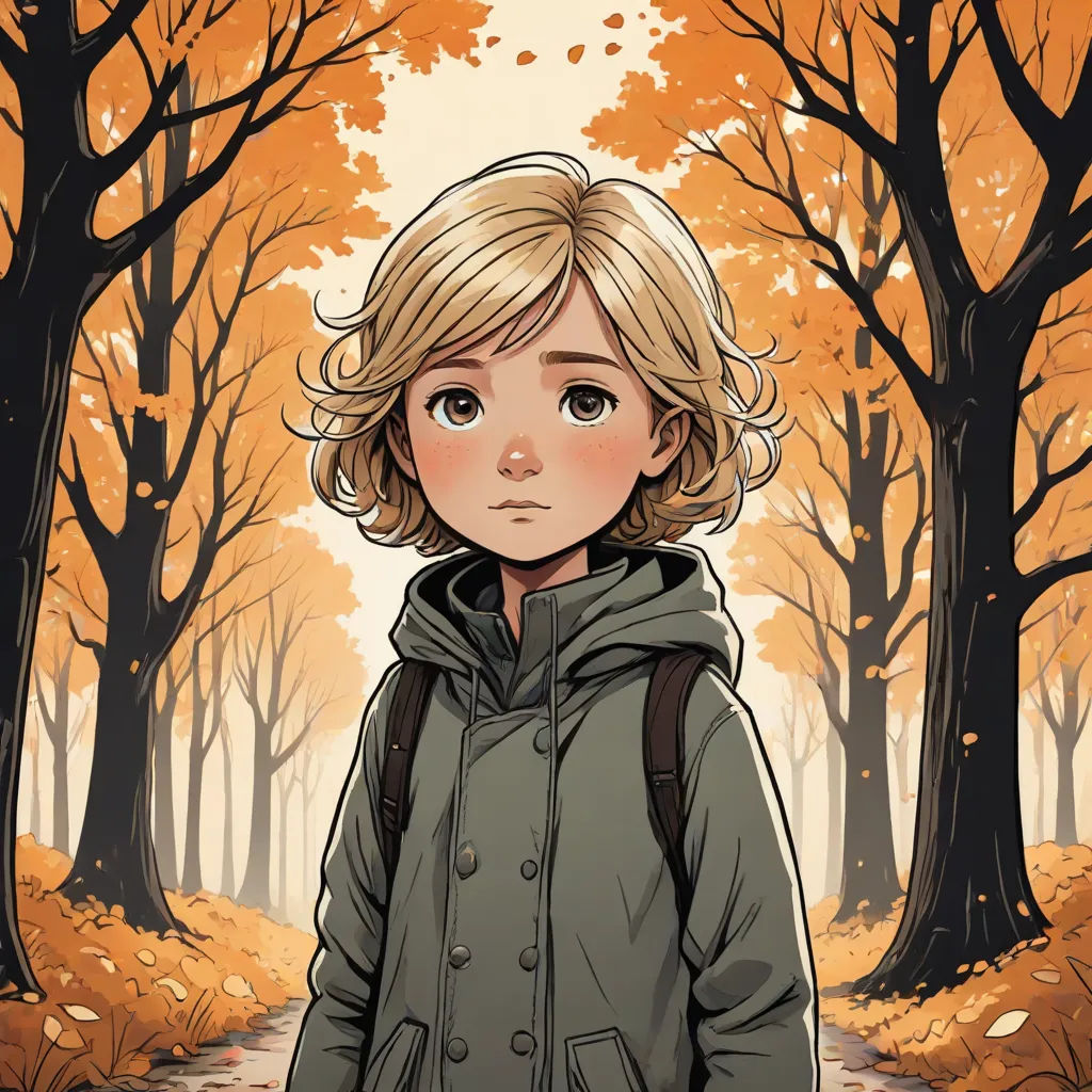 a young girl standing in a forest with trees and leaves on the ground, wearing a green jacket and a backpack, process art, a character portrait, Cliff Childs, comic cover art