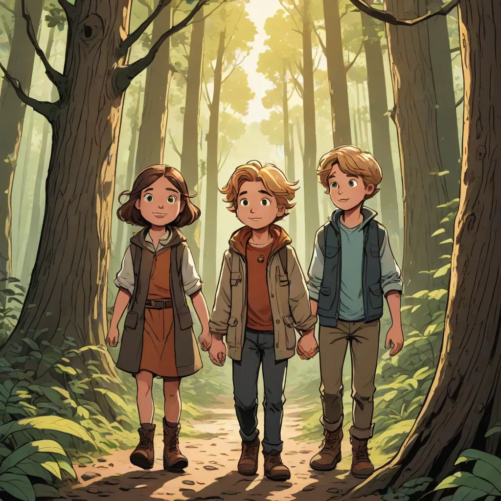 three people walking in the woods with trees in the background and sunlight shining through the trees on the ground, rayonism, a storybook illustration, Cedric Seaut (Keos Masons), official art