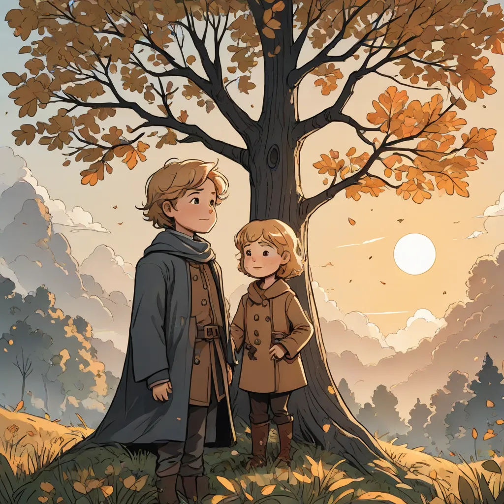 a boy and a girl standing in front of a tree with leaves on it, looking at the sun, fantasy art, a storybook illustration, Cliff Childs, official art