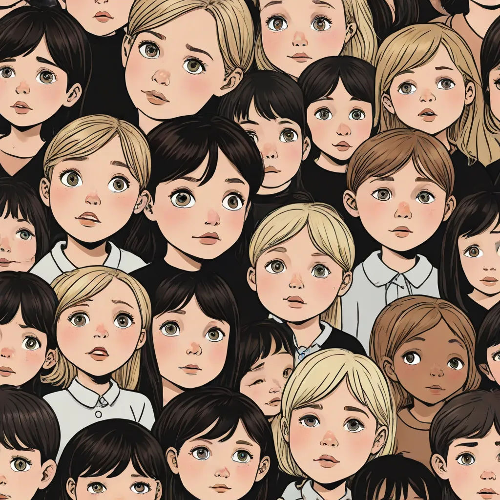 a crowd of people with different facial expressions and hair colors, all looking different directions, with a black background, paris school, a storybook illustration, Diego Gisbert Llorens, detailed illustration