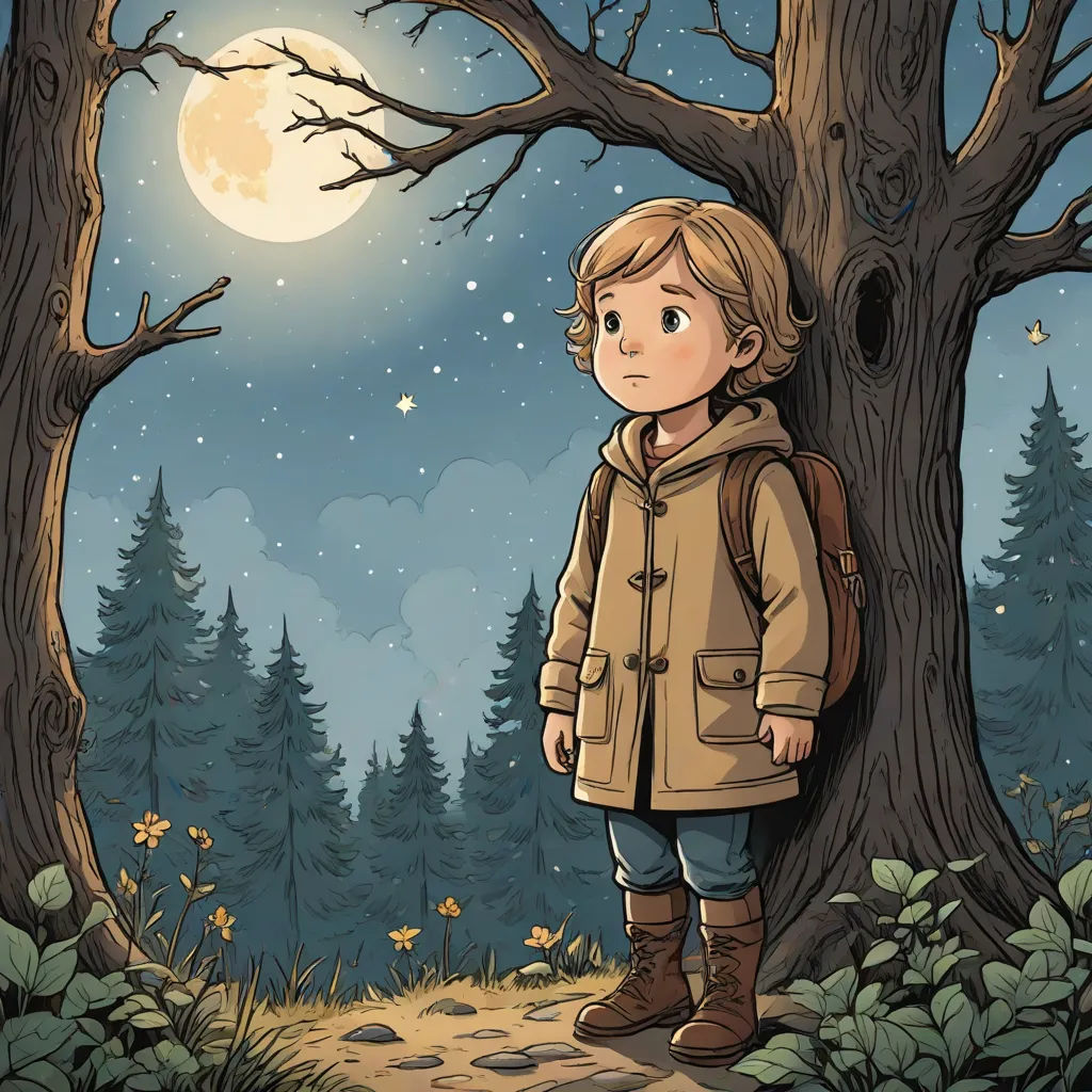 a boy standing in front of a tree with a full moon in the background and a path leading to it, art & language, a storybook illustration, Diego Gisbert Llorens, comic cover art
