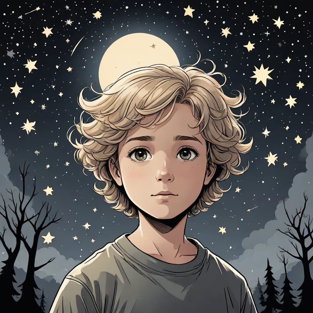 a boy with blonde hair and a gray shirt is staring at the stars in the sky above him is a full moon, space art, a character portrait, Aaron Jasinski, comic cover art