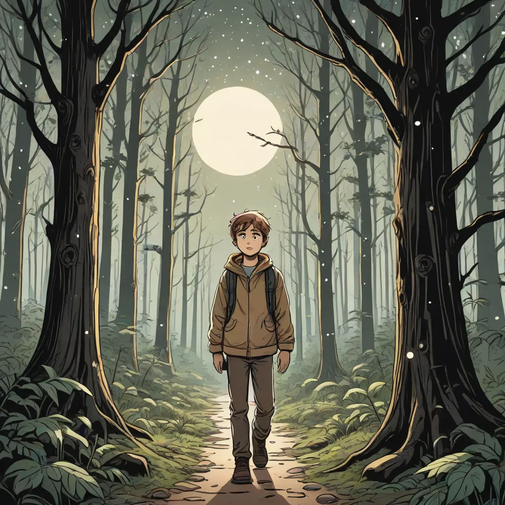 a boy walking through a forest with a full moon in the background and a bird flying overhead in the sky, magical realism, a storybook illustration, Diego Gisbert Llorens, graphic novel