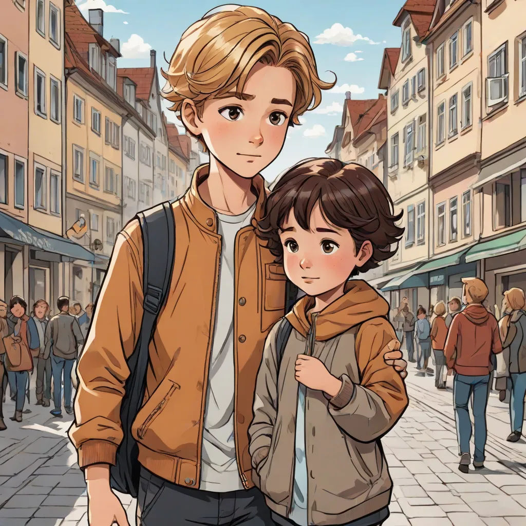a boy and a girl are standing in a street with buildings in the background and a man is holding his arm around the boy, aestheticism, a comic book panel, David Park, comic cover art