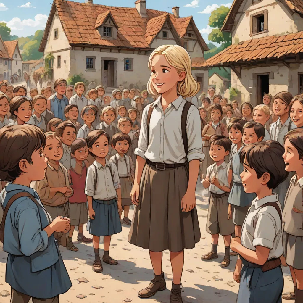 a cartoon of a girl standing in front of a group of children in a village with a crowd of people, socialist realism, a storybook illustration, Bourgeois, official art